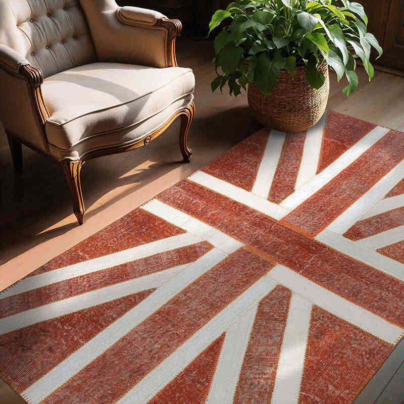 Turuncu İngiltere Bayraklı Patchwork Halı - 140 cm x 215 cm - K0038546