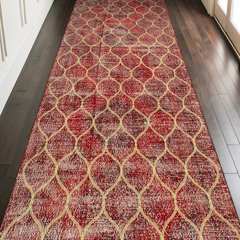 Kırmızı İşlemeli ve Boyalı El Dokuma Vintage Halı - 143 cm x 377 cm - K0038575