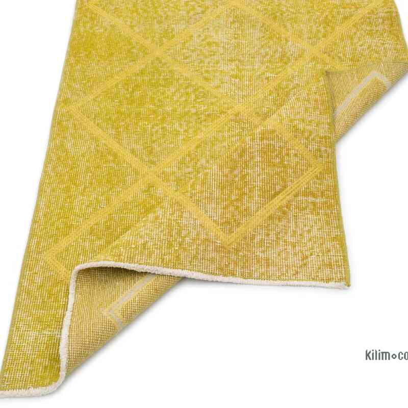 Sarı İşlemeli ve Boyalı El Dokuma Vintage Halı - 85 cm x 293 cm - K0038605