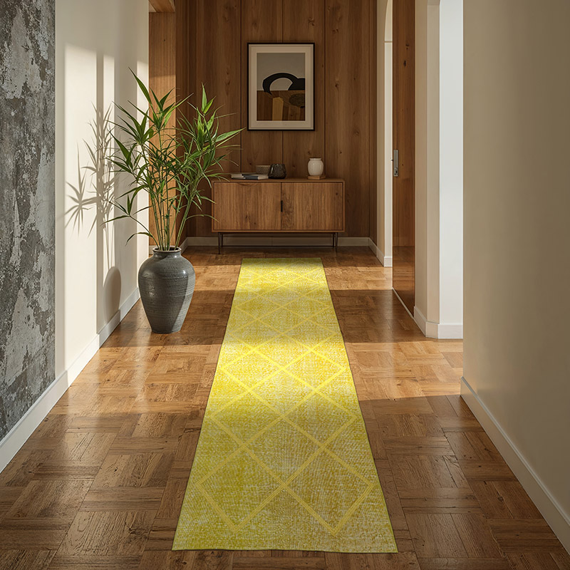 Amarillo Alfombra Turca bordada sobre teñida vintage - 85 cm x 293 cm - K0038605