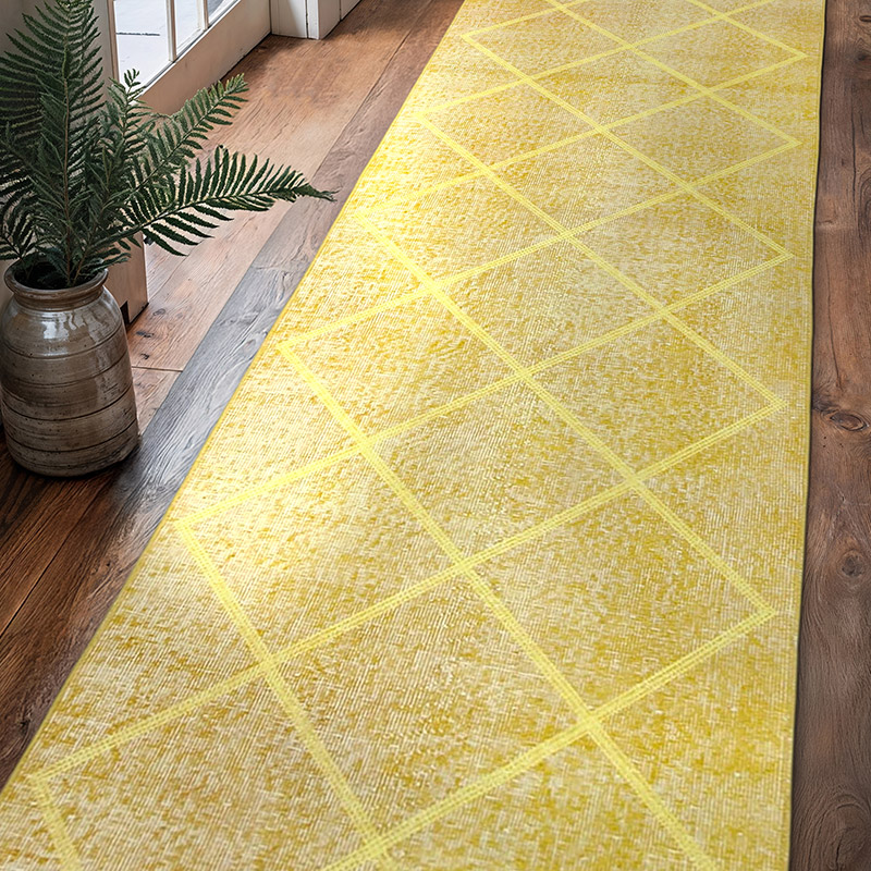 Amarillo Alfombra Turca bordada sobre teñida vintage - 90 cm x 316 cm - K0038606