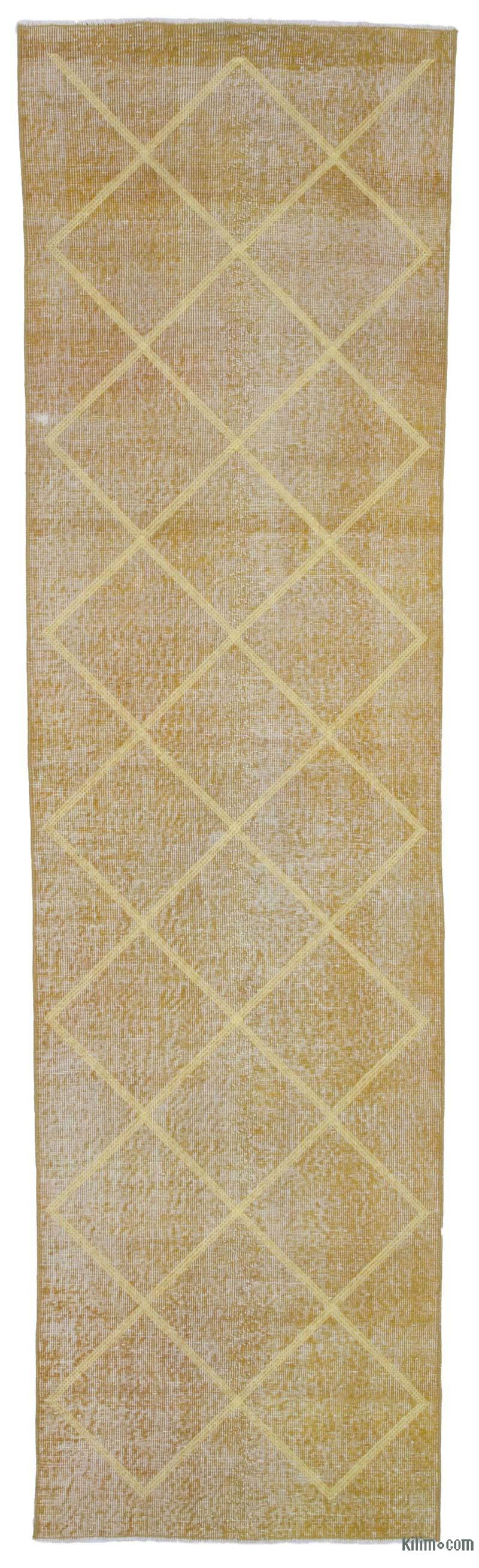 Amarillo Alfombra Turca bordada sobre teñida vintage - 90 cm x 316 cm - K0038606