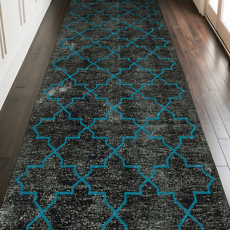 Negro Alfombra Turca bordada sobre teñida vintage - 145 cm x 375 cm - K0038618