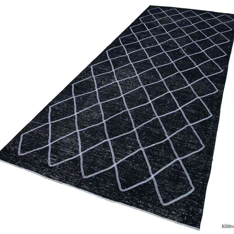 Negro Alfombra Turca bordada sobre teñida vintage - 144 cm x 374 cm - K0038621