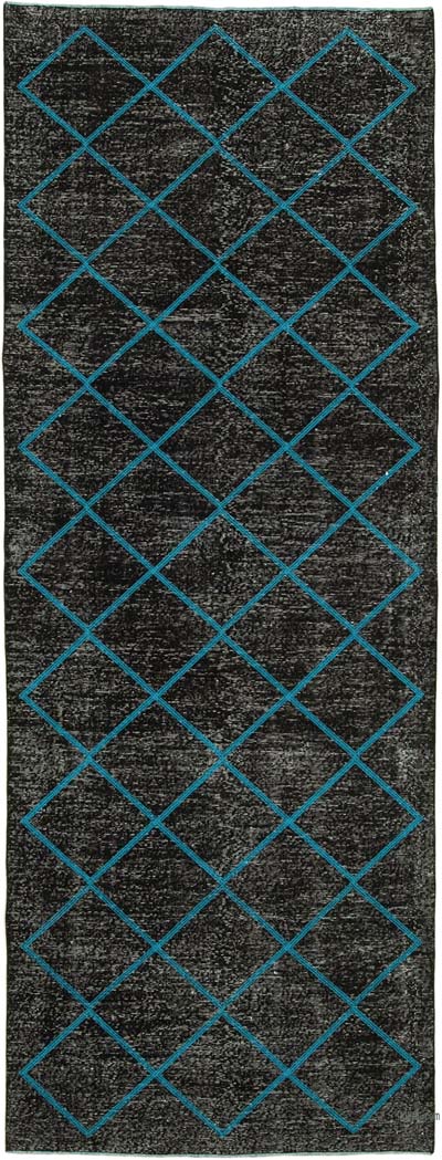 Siyah İşlemeli ve Boyalı El Dokuma Vintage Halı - 141 cm x 373 cm