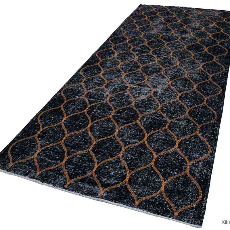 Negro Alfombra Turca bordada sobre teñida vintage - 144 cm x 364 cm - K0038631