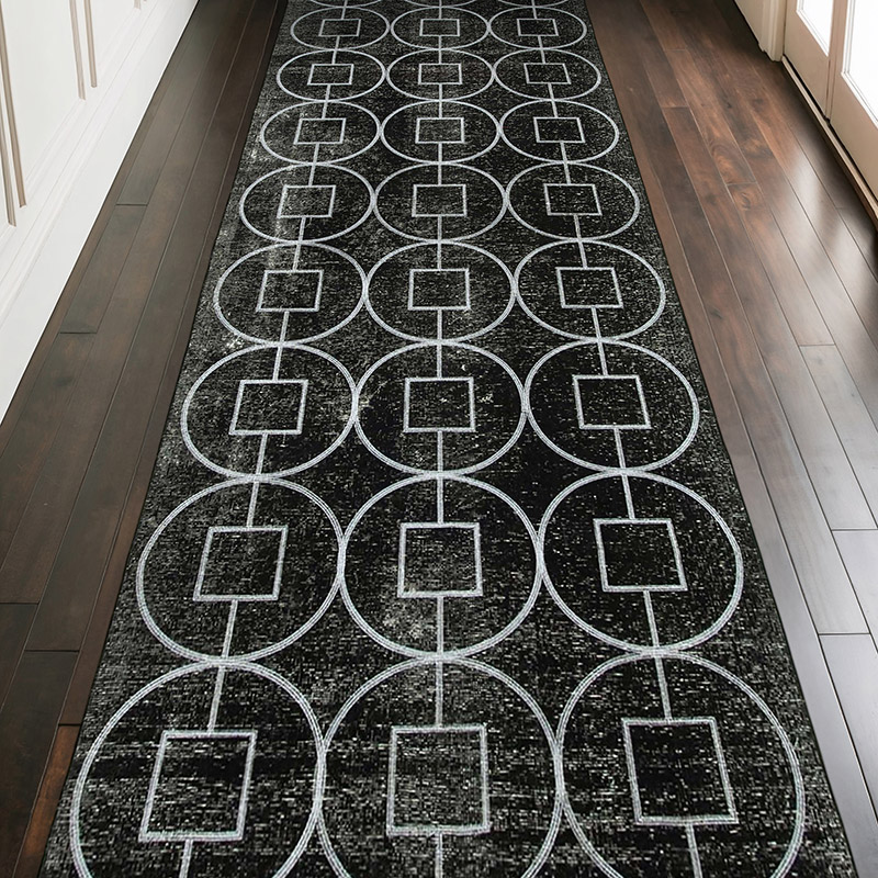 Negro Alfombra Turca bordada sobre teñida vintage - 137 cm x 390 cm - K0038632