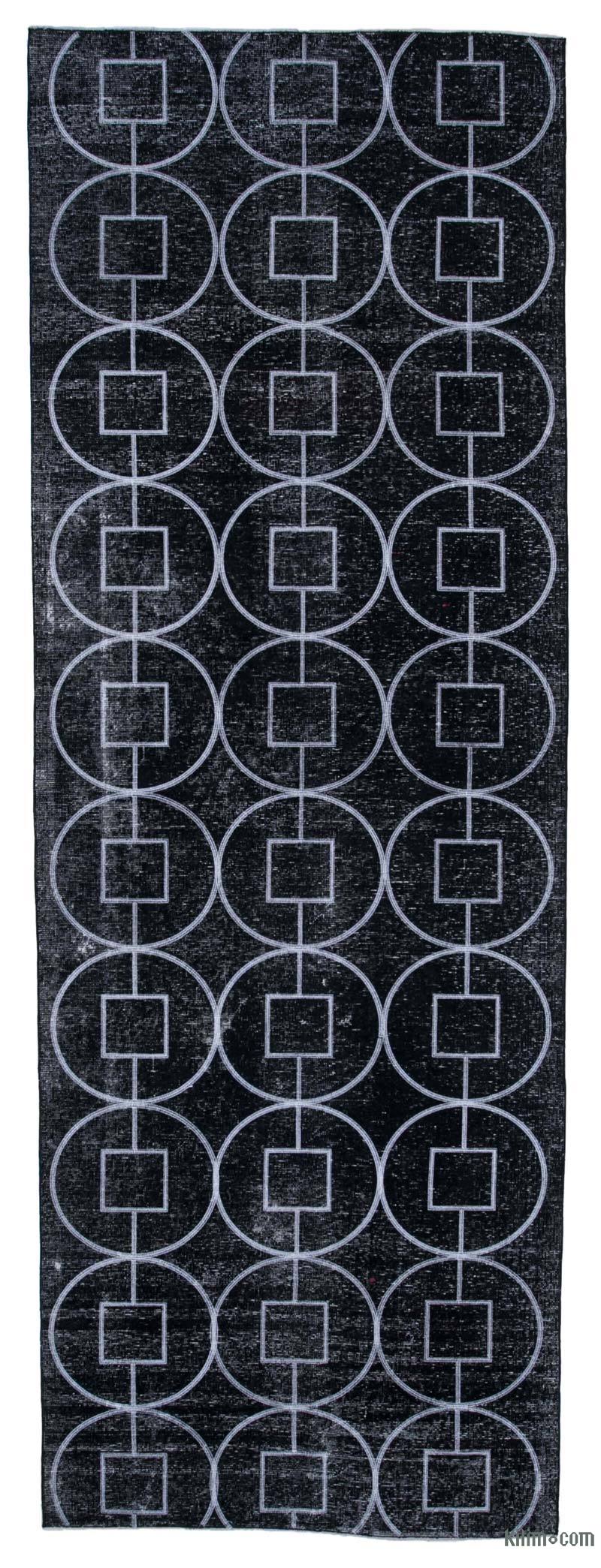 Siyah İşlemeli ve Boyalı El Dokuma Vintage Halı - 137 cm x 390 cm - K0038632