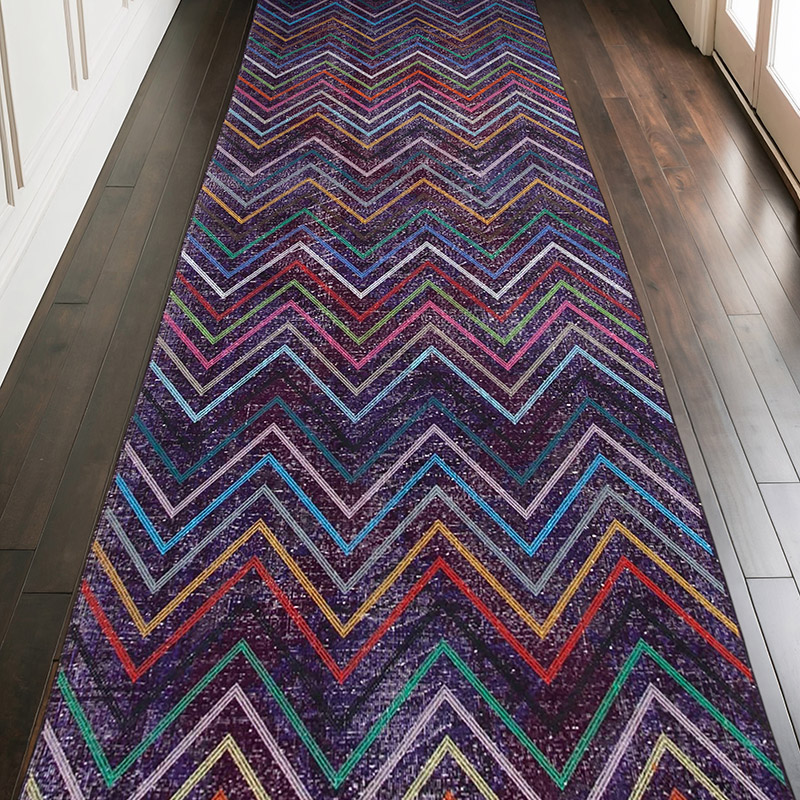 Mor İşlemeli ve Boyalı El Dokuma Vintage Halı - 136 cm x 377 cm - K0038633