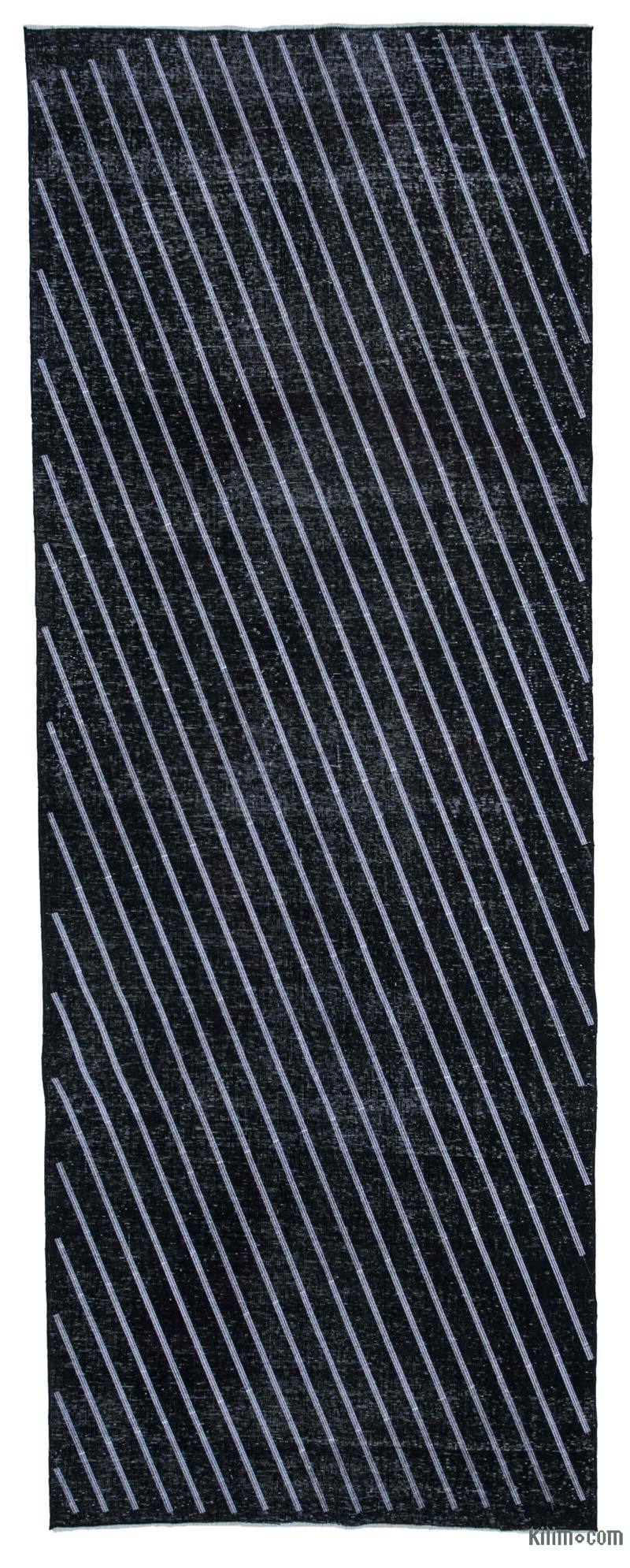 Siyah İşlemeli ve Boyalı El Dokuma Vintage Halı - 150 cm x 400 cm - K0038634