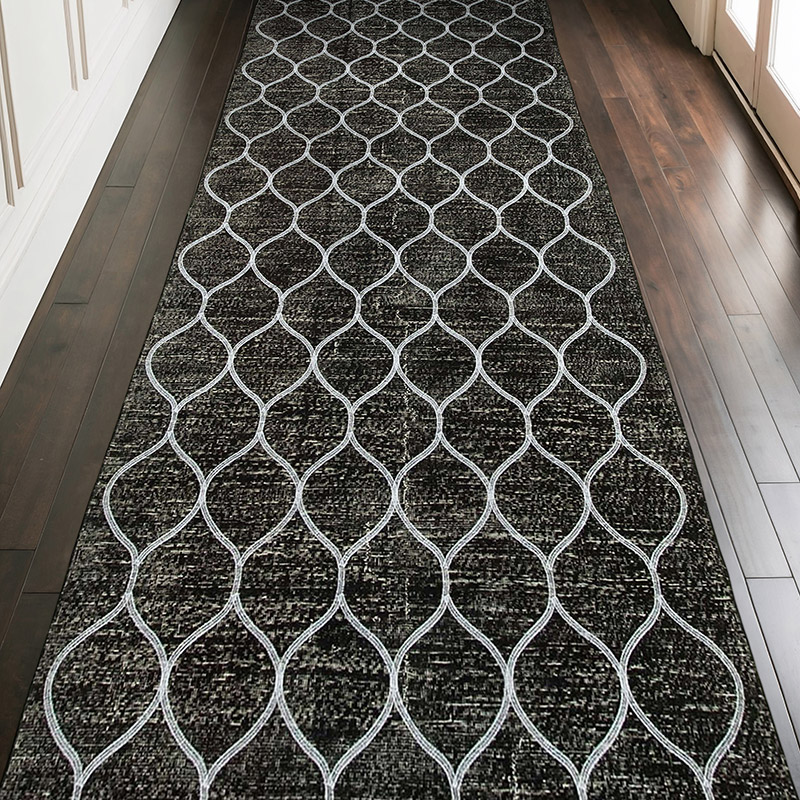 Siyah İşlemeli ve Boyalı El Dokuma Vintage Halı - 146 cm x 399 cm - K0038636