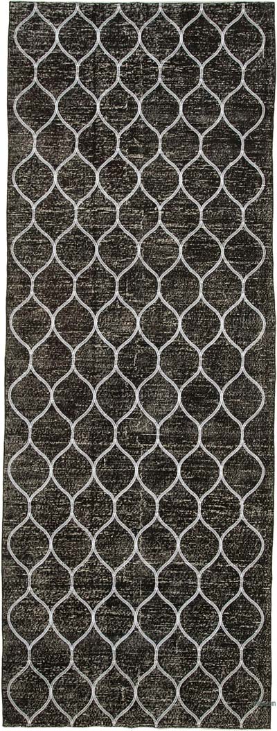 Siyah İşlemeli ve Boyalı El Dokuma Vintage Halı - 146 cm x 399 cm