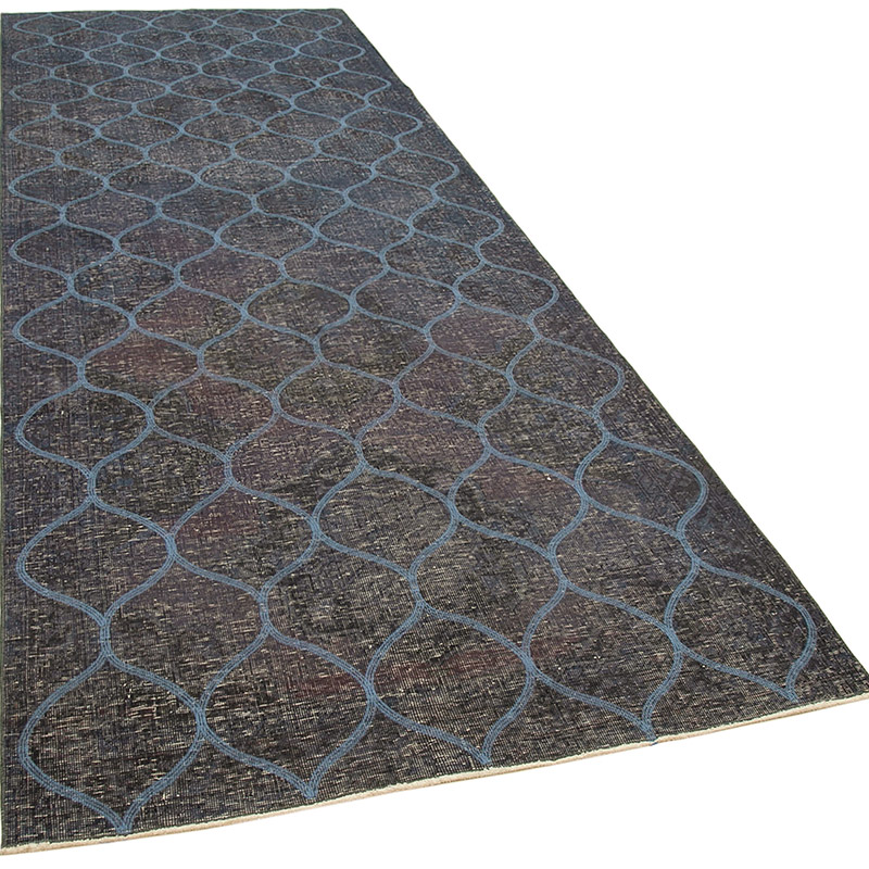 Lacivert İşlemeli ve Boyalı El Dokuma Vintage Halı - 139 cm x 398 cm - K0038638