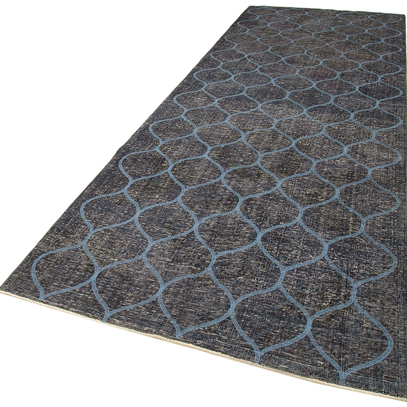 Lacivert İşlemeli ve Boyalı El Dokuma Vintage Halı - 139 cm x 398 cm - K0038638