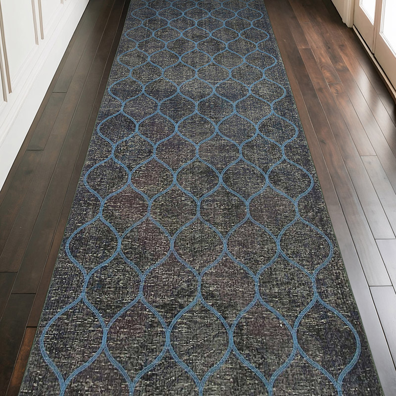Lacivert İşlemeli ve Boyalı El Dokuma Vintage Halı - 139 cm x 398 cm - K0038638