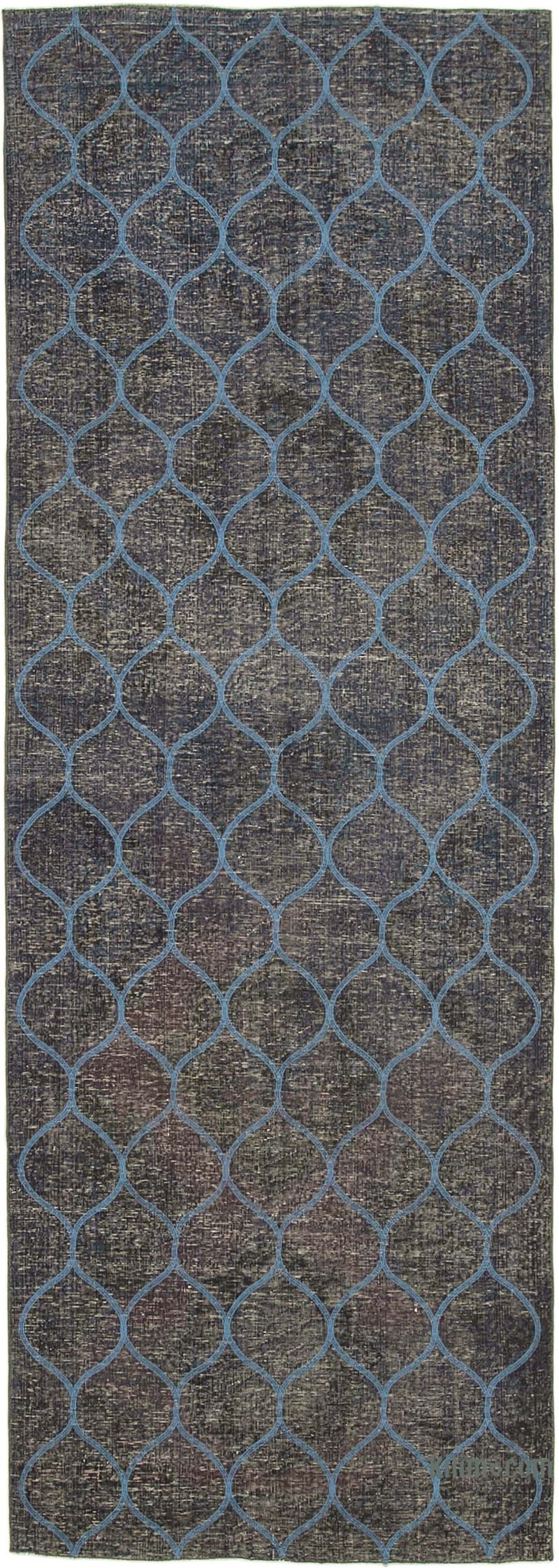 Lacivert İşlemeli ve Boyalı El Dokuma Vintage Halı - 139 cm x 398 cm - K0038638