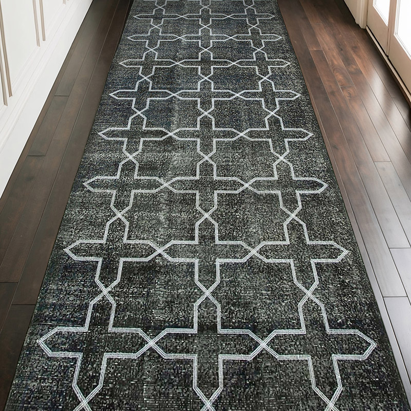 Gri İşlemeli ve Boyalı El Dokuma Vintage Halı - 150 cm x 410 cm - K0038647