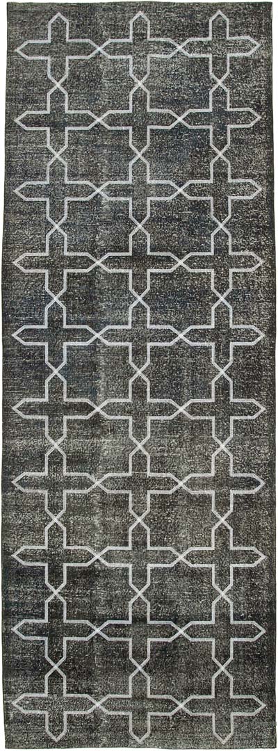 Gri İşlemeli ve Boyalı El Dokuma Vintage Halı - 150 cm x 410 cm