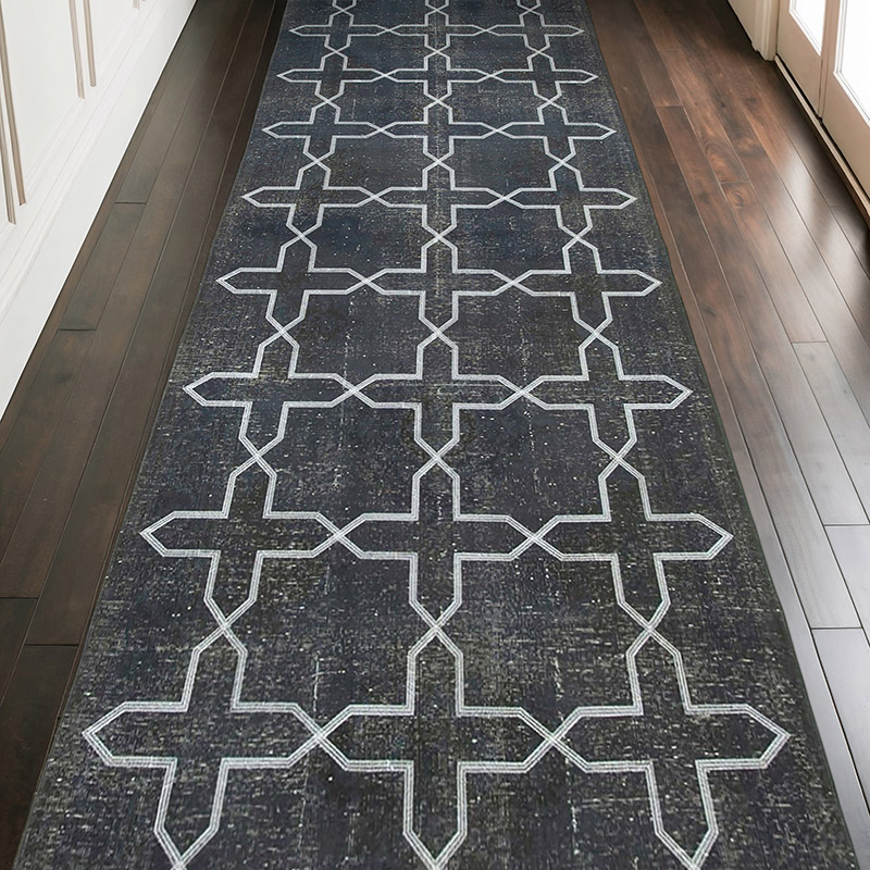 Black Embroidered Over-dyed Turkish Vintage Runner - 4' 8" x 13' 1" (56" x 157") - K0038653