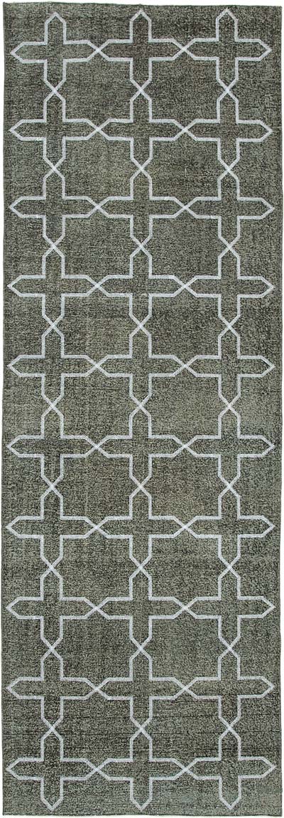 Siyah İşlemeli ve Boyalı El Dokuma Vintage Halı - 140 cm x 408 cm