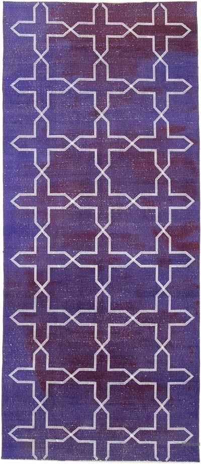 Mor İşlemeli ve Boyalı El Dokuma Vintage Halı - 137 cm x 316 cm