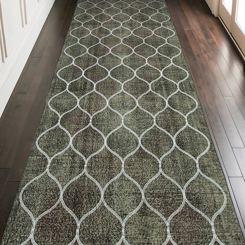 Gri İşlemeli ve Boyalı El Dokuma Vintage Halı - 143 cm x 395 cm - K0038681
