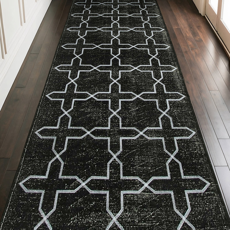 Negro Alfombra Turca bordada sobre teñida vintage - 141 cm x 386 cm - K0038688
