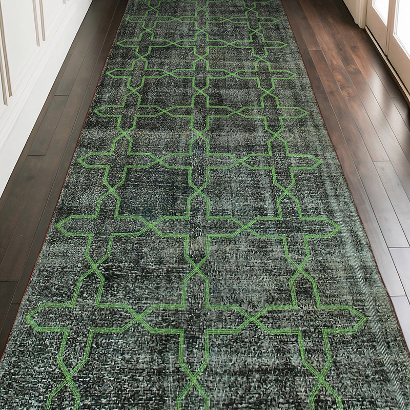 Gris Alfombra Turca bordada sobre teñida vintage - 142 cm x 372 cm - K0038700