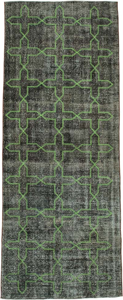 Gri İşlemeli ve Boyalı El Dokuma Vintage Halı - 142 cm x 372 cm