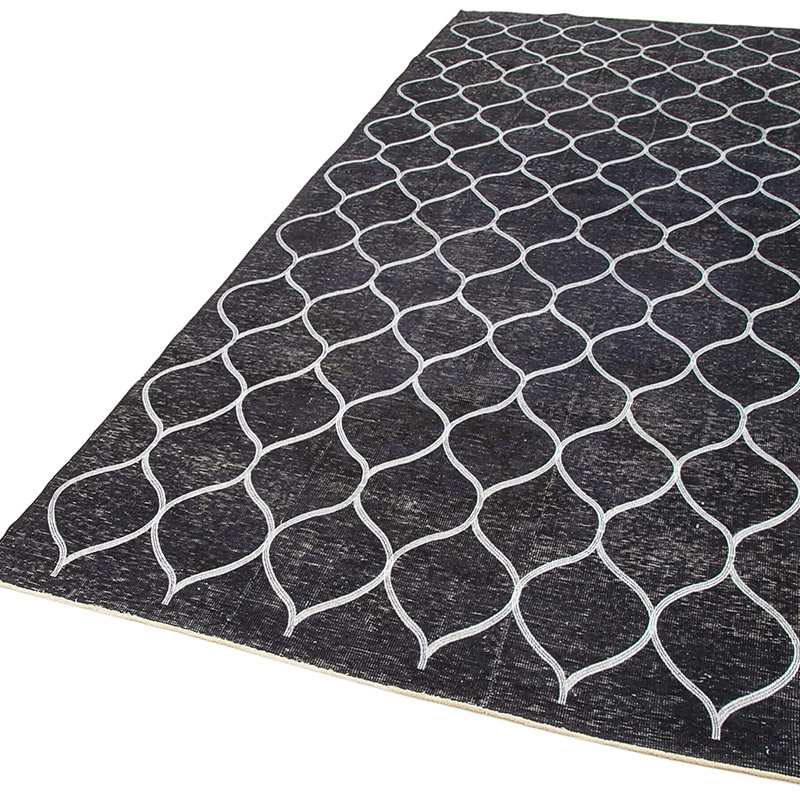 Negro Alfombra Turca bordada sobre teñida vintage - 147 cm x 370 cm - K0038707