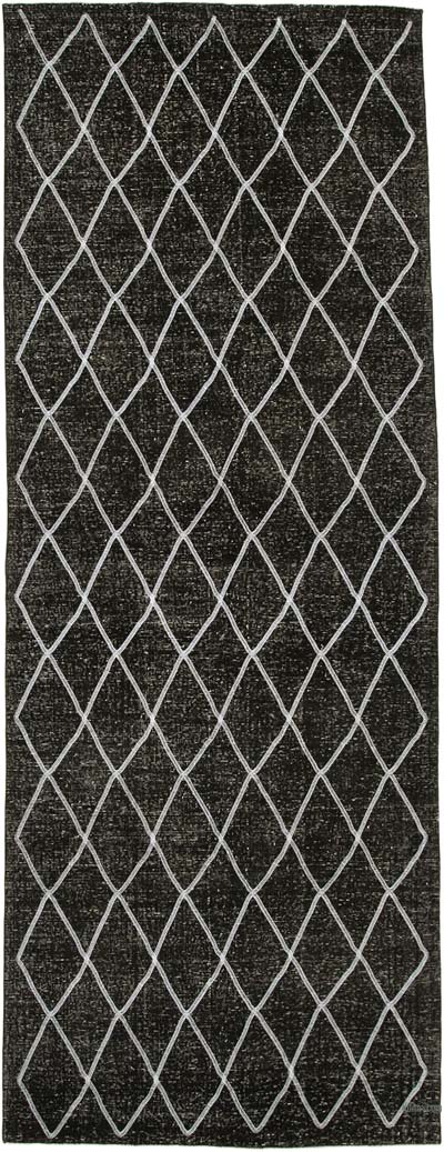 Siyah İşlemeli ve Boyalı El Dokuma Vintage Halı - 146 cm x 387 cm