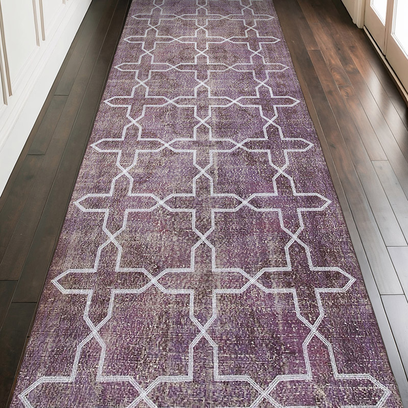 Mor İşlemeli ve Boyalı El Dokuma Vintage Halı - 137 cm x 382 cm - K0038714