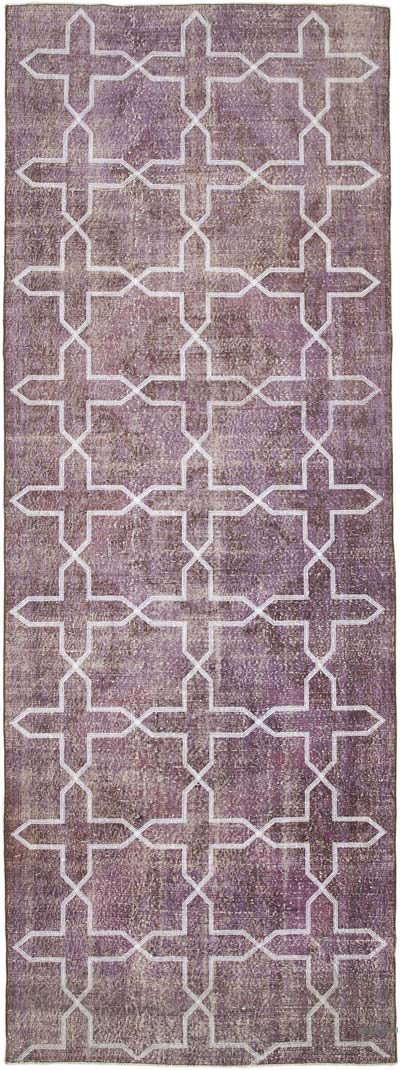 Mor İşlemeli ve Boyalı El Dokuma Vintage Halı - 137 cm x 382 cm