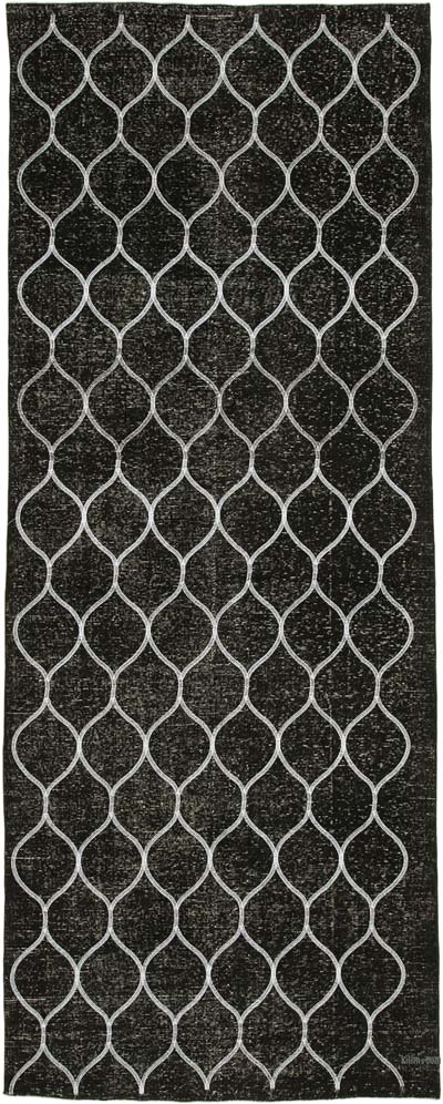 Siyah İşlemeli ve Boyalı El Dokuma Vintage Halı - 145 cm x 387 cm