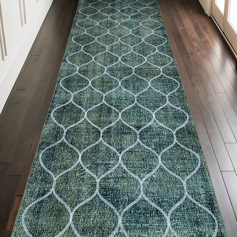 Azul Oscuro Alfombra Turca bordada sobre teñida vintage - 134 cm x 392 cm - K0038718