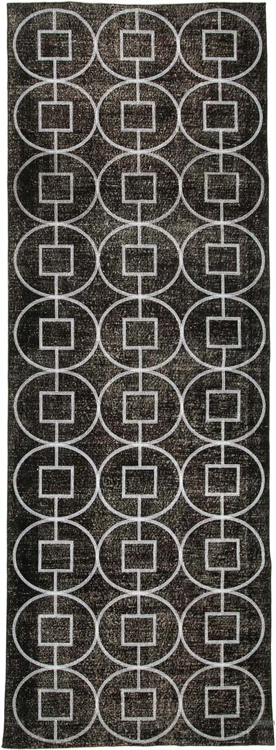 Siyah İşlemeli ve Boyalı El Dokuma Vintage Halı - 141 cm x 306 cm