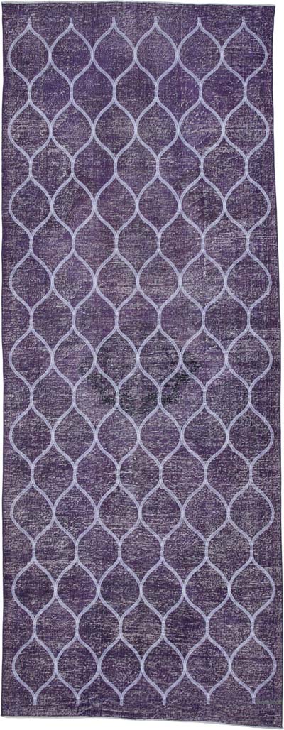 Mor İşlemeli ve Boyalı El Dokuma Vintage Halı - 144 cm x 374 cm