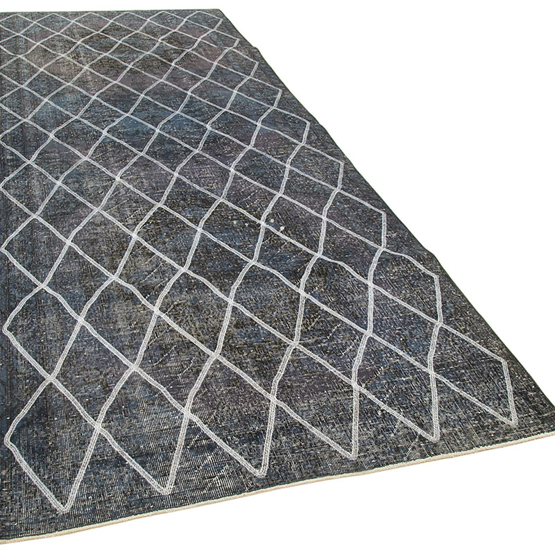 Lacivert İşlemeli ve Boyalı El Dokuma Vintage Halı - 141 cm x 367 cm - K0038722