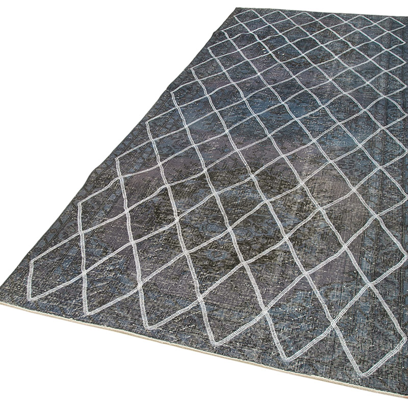 Lacivert İşlemeli ve Boyalı El Dokuma Vintage Halı - 141 cm x 367 cm - K0038722