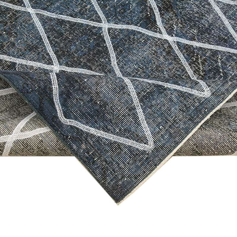 Lacivert İşlemeli ve Boyalı El Dokuma Vintage Halı - 141 cm x 367 cm - K0038722