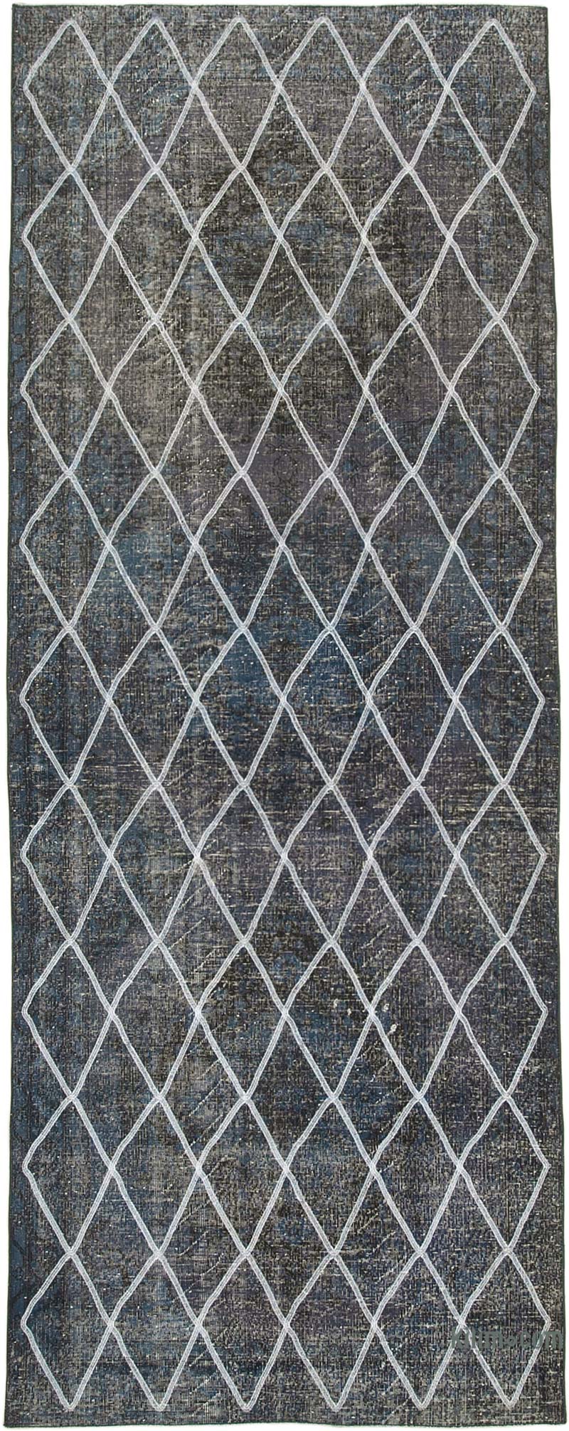 Lacivert İşlemeli ve Boyalı El Dokuma Vintage Halı - 141 cm x 367 cm - K0038722