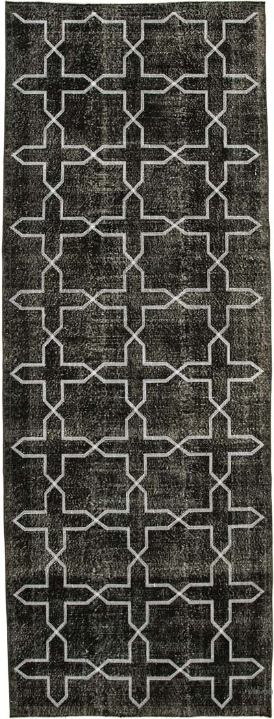 Siyah İşlemeli ve Boyalı El Dokuma Vintage Halı - 142 cm x 390 cm