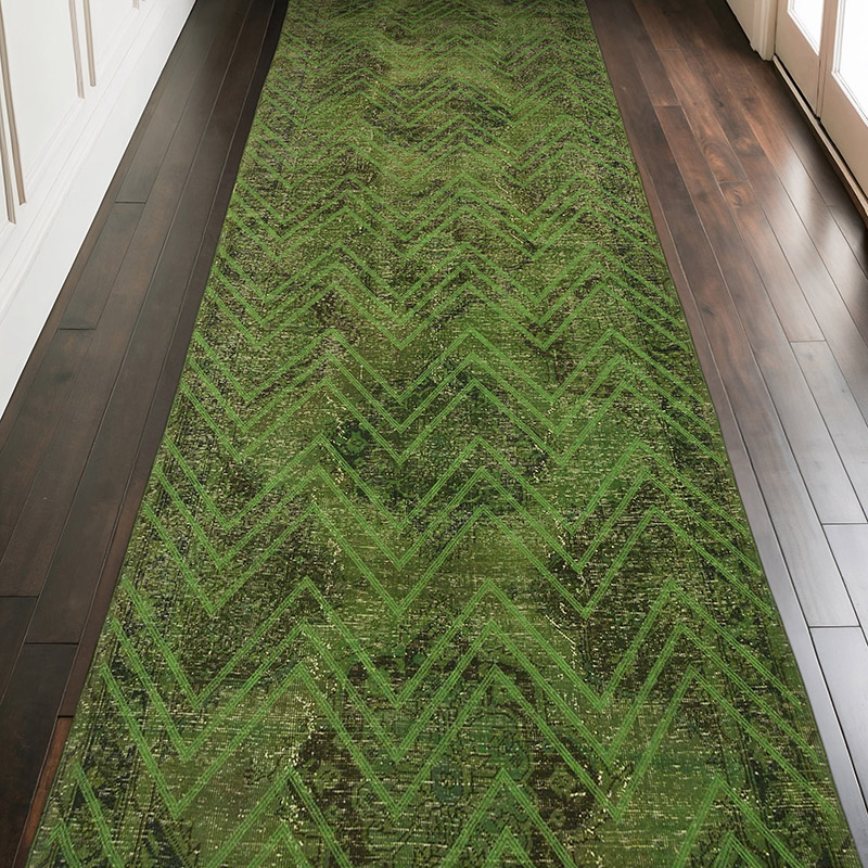Yeşil İşlemeli ve Boyalı El Dokuma Vintage Halı - 142 cm x 406 cm - K0038731