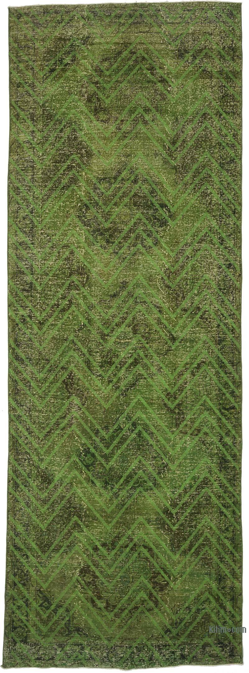 Yeşil İşlemeli ve Boyalı El Dokuma Vintage Halı - 142 cm x 406 cm - K0038731