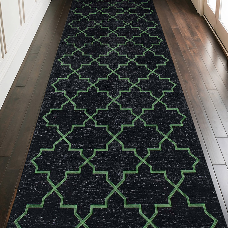 Negro Alfombra Turca bordada sobre teñida vintage - 141 cm x 388 cm - K0038734