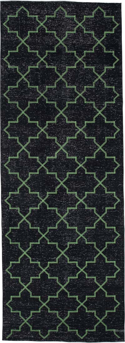 Negro Alfombra Turca bordada sobre teñida vintage - 141 cm x 388 cm