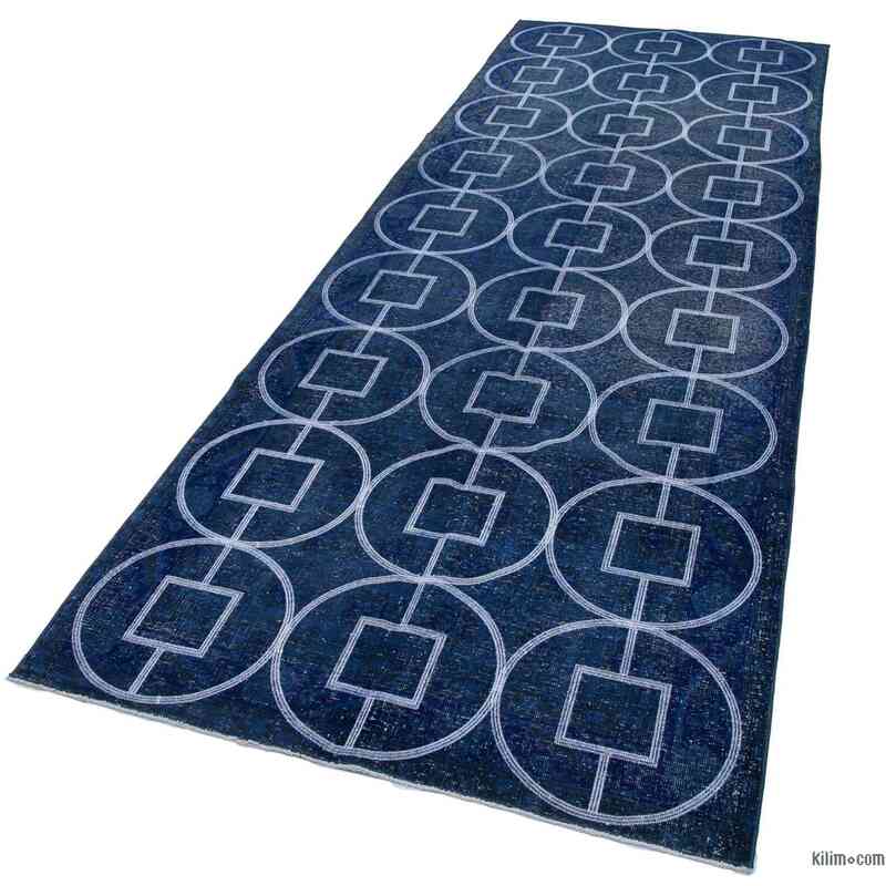 Blue Embroidered Over-dyed Turkish Vintage Runner - 4' 2" x 11' 11" (50" x 143") - K0038735
