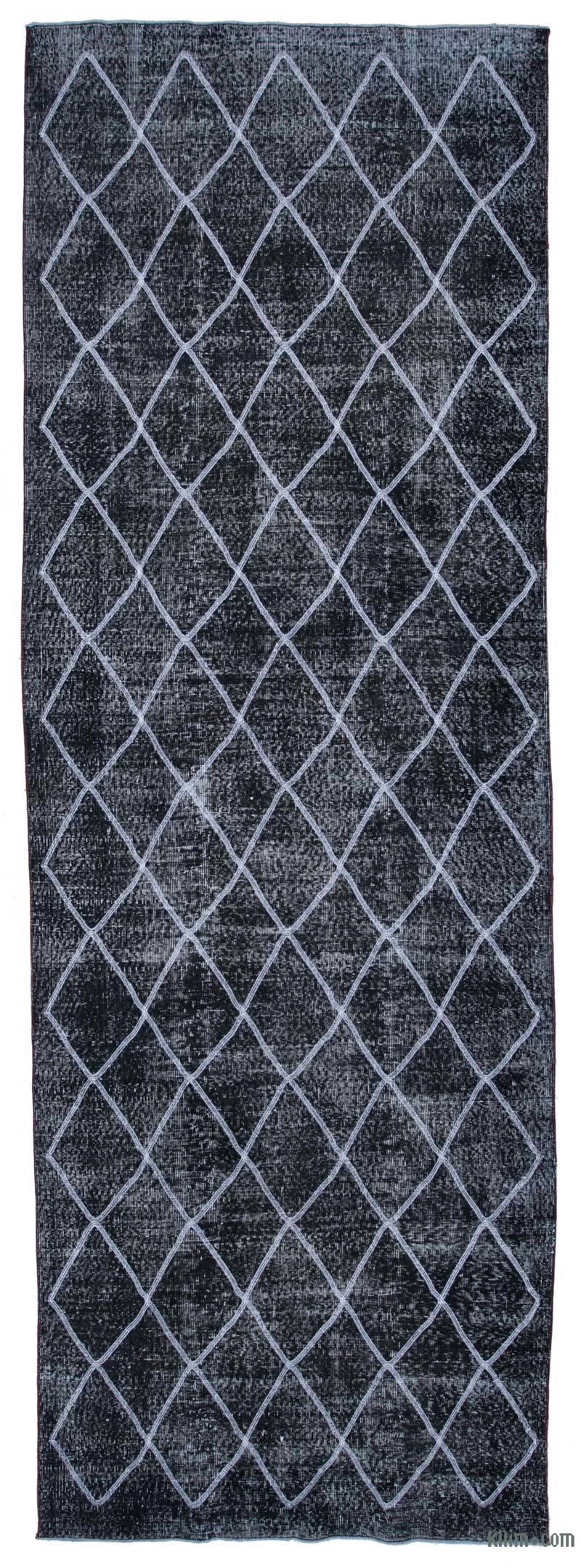 Negro Alfombra Turca bordada sobre teñida vintage - 142 cm x 415 cm - K0038737