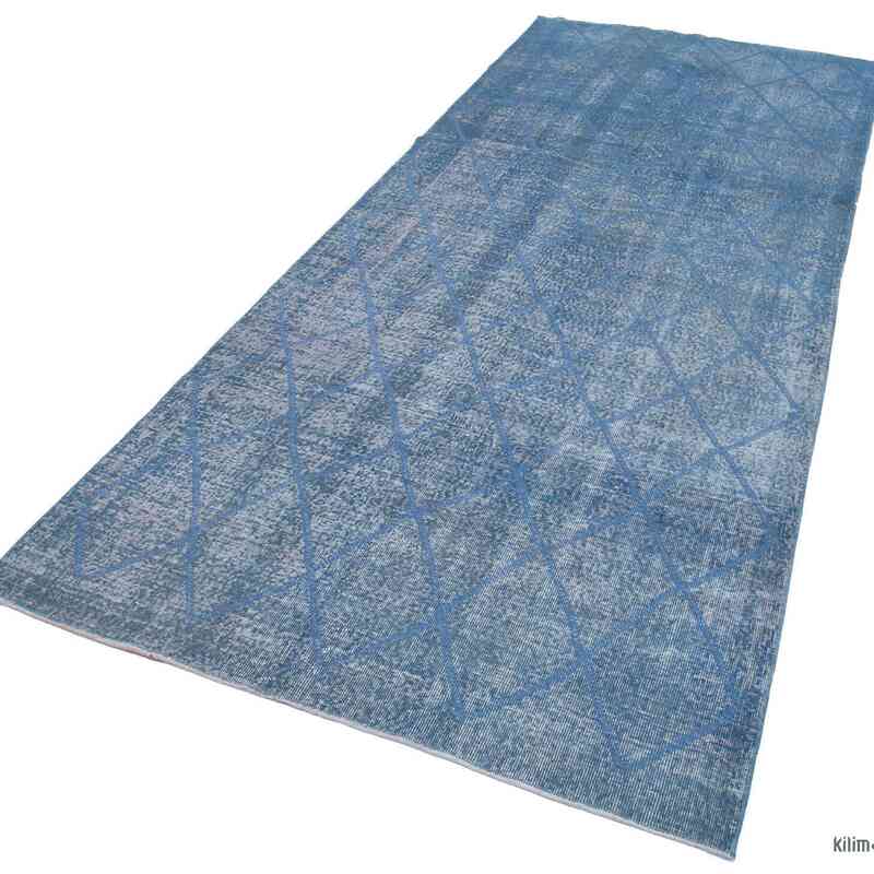 Azul claro Alfombra Turca bordada sobre teñida vintage - 143 cm x 338 cm - K0038738