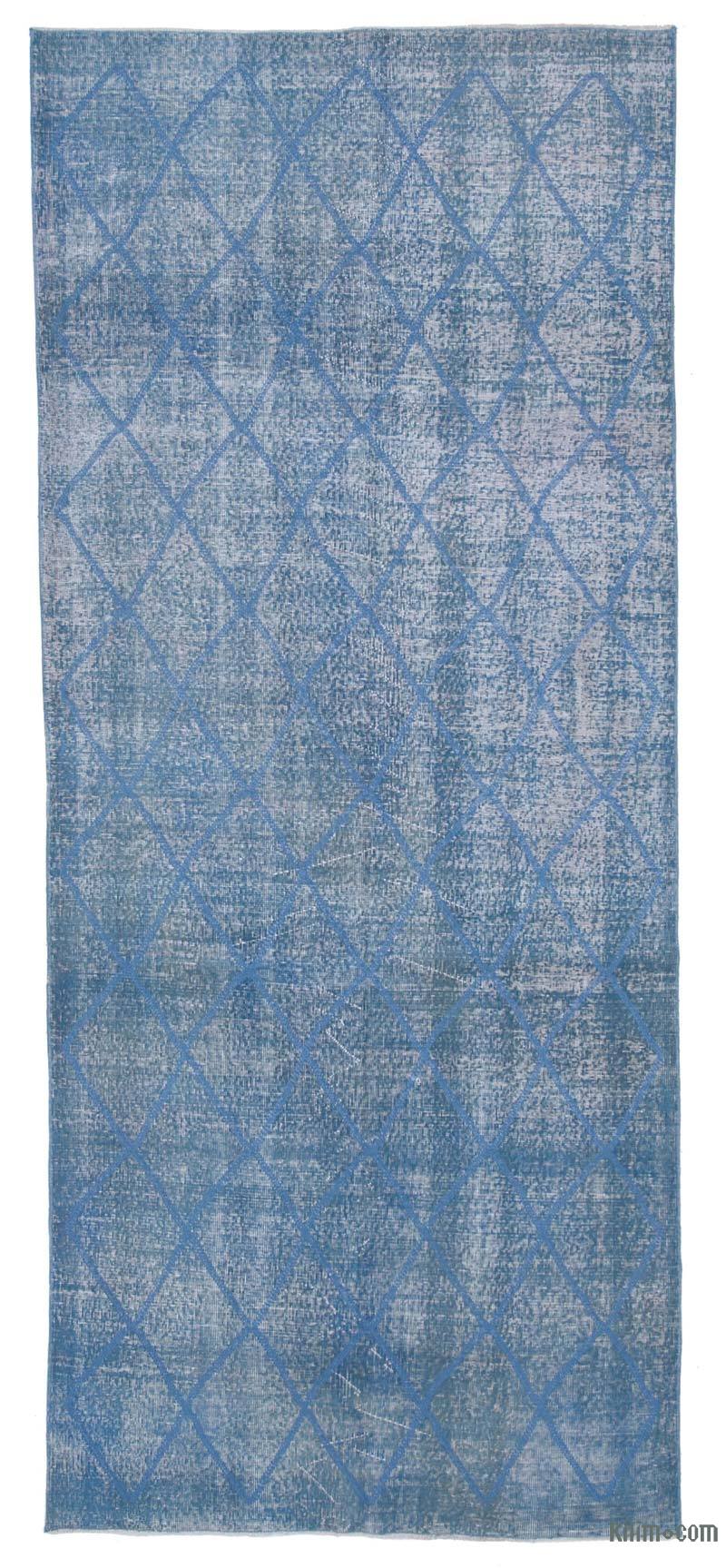 Açık Mavi İşlemeli ve Boyalı El Dokuma Vintage Halı - 143 cm x 338 cm - K0038738